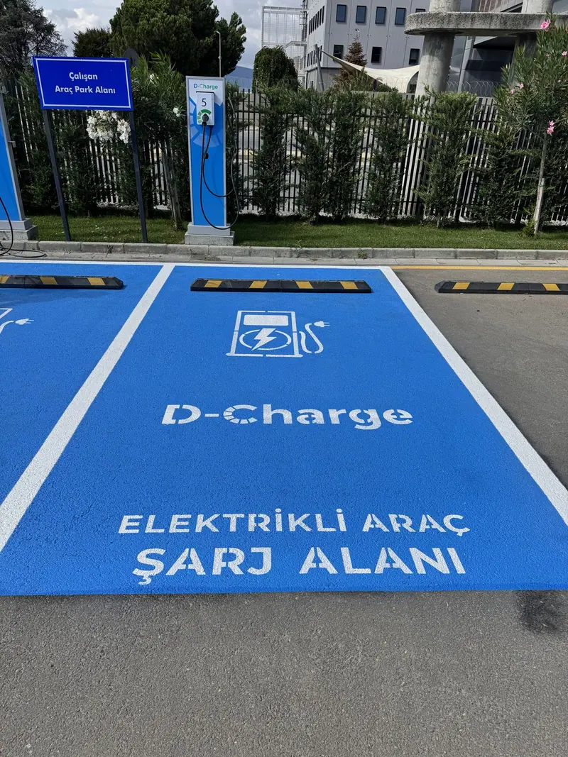 Elektrikli araç şarj alanı yazılı mavi park yeri kaplaması